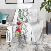 Hawaii DNA Kakau Tattoo Blanket with Plumeria and Hibiscus Tropical Plants White Color