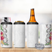 Hawaii DNA Kakau Tattoo 4 in 1 Can Cooler Tumbler with Plumeria and Hibiscus Tropical Plants White Color
