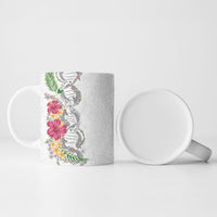 Hawaii DNA Kakau Tattoo Ceramic Mug with Plumeria and Hibiscus Tropical Plants White Color