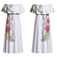 Hawaii DNA Kakau Tattoo Couples Matching Off Shoulder Maxi Dress and Hawaiian Shirt with Plumeria and Hibiscus Tropical Plants White Color