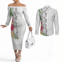 Hawaii DNA Kakau Tattoo Couples Matching Off The Shoulder Long Sleeve Dress and Long Sleeve Button Shirt with Plumeria and Hibiscus Tropical Plants White Color