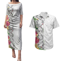 Hawaii DNA Kakau Tattoo Couples Matching Puletasi and Hawaiian Shirt with Plumeria and Hibiscus Tropical Plants White Color