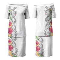 Hawaii DNA Kakau Tattoo Couples Matching Puletasi and Hawaiian Shirt with Plumeria and Hibiscus Tropical Plants White Color