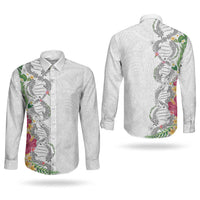 Hawaii DNA Kakau Tattoo Couples Matching Summer Maxi Dress and Long Sleeve Button Shirt with Plumeria and Hibiscus Tropical Plants White Color