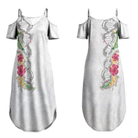 Hawaii DNA Kakau Tattoo Couples Matching Summer Maxi Dress and Long Sleeve Button Shirt with Plumeria and Hibiscus Tropical Plants White Color