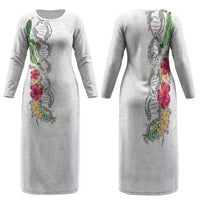 Hawaii DNA Kakau Tattoo Family Matching Long Sleeve Bodycon Dress and Hawaiian Shirt with Plumeria and Hibiscus Tropical Plants White Color