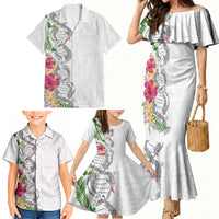Hawaii DNA Kakau Tattoo Family Matching Mermaid Dress and Hawaiian Shirt with Plumeria and Hibiscus Tropical Plants White Color