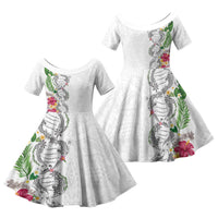 Hawaii DNA Kakau Tattoo Family Matching Off Shoulder Maxi Dress and Hawaiian Shirt with Plumeria and Hibiscus Tropical Plants White Color
