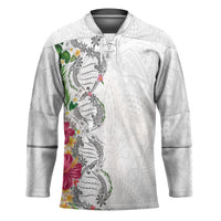 Hawaii DNA Kakau Tattoo Hockey Jersey with Plumeria and Hibiscus Tropical Plants White Color