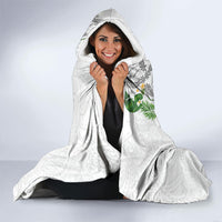 Hawaii DNA Kakau Tattoo Hooded Blanket with Plumeria and Hibiscus Tropical Plants White Color