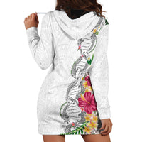 Hawaii DNA Kakau Tattoo Hoodie Dress with Plumeria and Hibiscus Tropical Plants White Color