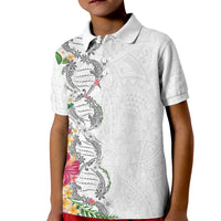 Hawaii DNA Kakau Tattoo Kid Polo Shirt with Plumeria and Hibiscus Tropical Plants White Color
