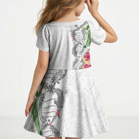 Hawaii DNA Kakau Tattoo Kid Short Sleeve Dress with Plumeria and Hibiscus Tropical Plants White Color LT03 - Polynesian Pride