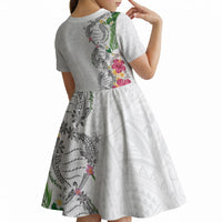 Hawaii DNA Kakau Tattoo Kid Short Sleeve Dress with Plumeria and Hibiscus Tropical Plants White Color LT03 - Polynesian Pride