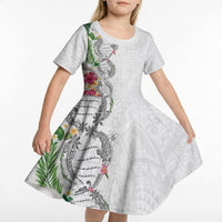 Hawaii DNA Kakau Tattoo Kid Short Sleeve Dress with Plumeria and Hibiscus Tropical Plants White Color LT03 - Polynesian Pride