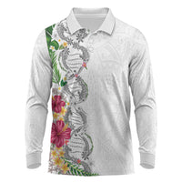 Hawaii DNA Kakau Tattoo Long Sleeve Polo Shirt with Plumeria and Hibiscus Tropical Plants White Color