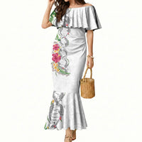 Hawaii DNA Kakau Tattoo Mermaid Dress with Plumeria and Hibiscus Tropical Plants White Color LT03 Women White - Polynesian Pride