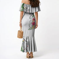 Hawaii DNA Kakau Tattoo Mermaid Dress with Plumeria and Hibiscus Tropical Plants White Color