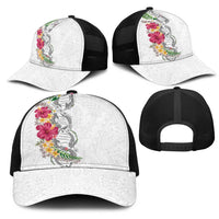 Hawaii DNA Kakau Tattoo Mesh Trucker Cap with Plumeria and Hibiscus Tropical Plants White Color