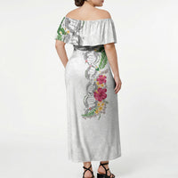 Hawaii DNA Kakau Tattoo Off Shoulder Maxi Dress with Plumeria and Hibiscus Tropical Plants White Color LT03 - Polynesian Pride