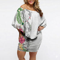 Hawaii DNA Kakau Tattoo Off Shoulder Short Dress with Plumeria and Hibiscus Tropical Plants White Color