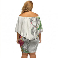 Hawaii DNA Kakau Tattoo Off Shoulder Short Dress with Plumeria and Hibiscus Tropical Plants White Color LT03 - Polynesian Pride