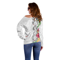 Hawaii DNA Kakau Tattoo Off Shoulder Sweater with Plumeria and Hibiscus Tropical Plants White Color