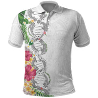 Hawaii DNA Kakau Tattoo Polo Shirt with Plumeria and Hibiscus Tropical Plants White Color LT03 White - Polynesian Pride