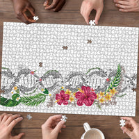 Hawaii DNA Kakau Tattoo Puzzle with Plumeria and Hibiscus Tropical Plants White Color
