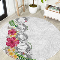 Hawaii DNA Kakau Tattoo Round Carpet with Plumeria and Hibiscus Tropical Plants White Color