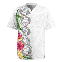 Hawaii DNA Kakau Tattoo Rugby Jersey with Plumeria and Hibiscus Tropical Plants White Color