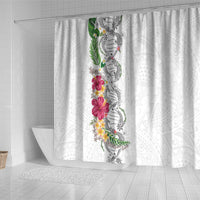 Hawaii DNA Kakau Tattoo Shower Curtain with Plumeria and Hibiscus Tropical Plants White Color