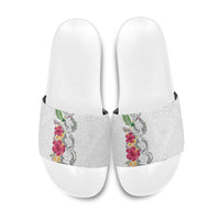 Hawaii DNA Kakau Tattoo Slide Sandals with Plumeria and Hibiscus Tropical Plants White Color