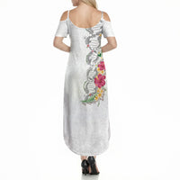 Hawaii DNA Kakau Tattoo Summer Maxi Dress with Plumeria and Hibiscus Tropical Plants White Color