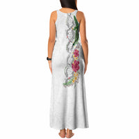 Hawaii DNA Kakau Tattoo Tank Maxi Dress with Plumeria and Hibiscus Tropical Plants White Color LT03 - Polynesian Pride