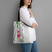 Hawaii DNA Kakau Tattoo Tote Bag with Plumeria and Hibiscus Tropical Plants White Color