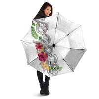 Hawaii DNA Kakau Tattoo Umbrella with Plumeria and Hibiscus Tropical Plants White Color