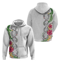 Hawaii DNA Kakau Tattoo Zip Hoodie with Plumeria and Hibiscus Tropical Plants White Color
