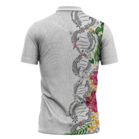 Hawaii DNA Kakau Tattoo Zipper Polo Shirt with Plumeria and Hibiscus Tropical Plants White Color LT03 - Polynesian Pride
