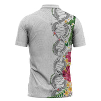 Hawaii DNA Kakau Tattoo Zipper Polo Shirt with Plumeria and Hibiscus Tropical Plants White Color
