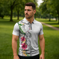 Hawaii DNA Kakau Tattoo Zipper Polo Shirt with Plumeria and Hibiscus Tropical Plants White Color LT03 - Polynesian Pride