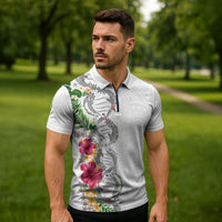 Hawaii DNA Kakau Tattoo Zipper Polo Shirt with Plumeria and Hibiscus Tropical Plants White Color