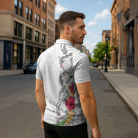 Hawaii DNA Kakau Tattoo Zipper Polo Shirt with Plumeria and Hibiscus Tropical Plants White Color LT03 - Polynesian Pride
