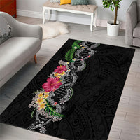 Hawaii DNA Kakau Tattoo Area Rug with Plumeria and Hibiscus Tropical Plants Black Color