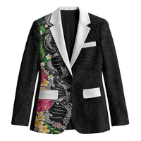 Hawaii DNA Kakau Tattoo Blazer with Plumeria and Hibiscus Tropical Plants Black Color
