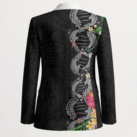 Hawaii DNA Kakau Tattoo Blazer with Plumeria and Hibiscus Tropical Plants Black Color