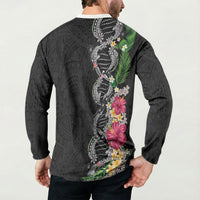 Hawaii DNA Kakau Tattoo Button Sweatshirt with Plumeria and Hibiscus Tropical Plants Black Color