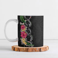Hawaii DNA Kakau Tattoo Ceramic Mug with Plumeria and Hibiscus Tropical Plants Black Color