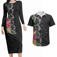 Hawaii DNA Kakau Tattoo Couples Matching Long Sleeve Bodycon Dress and Hawaiian Shirt with Plumeria and Hibiscus Tropical Plants Black Color