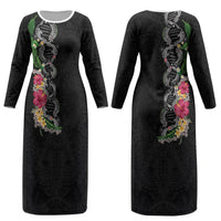 Hawaii DNA Kakau Tattoo Couples Matching Long Sleeve Bodycon Dress and Long Sleeve Button Shirt with Plumeria and Hibiscus Tropical Plants Black Color
